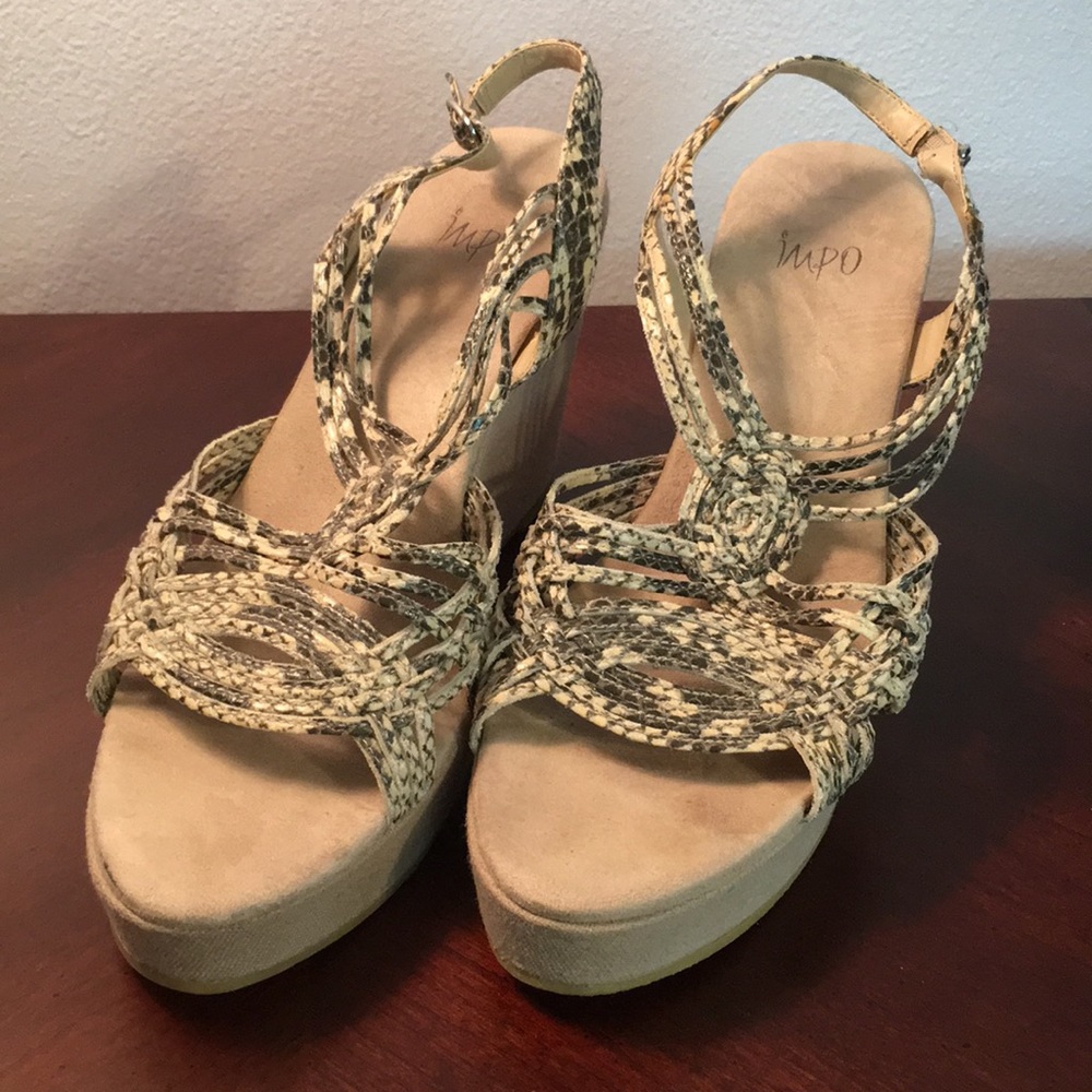 IMPO faux snake skin and linen wedges